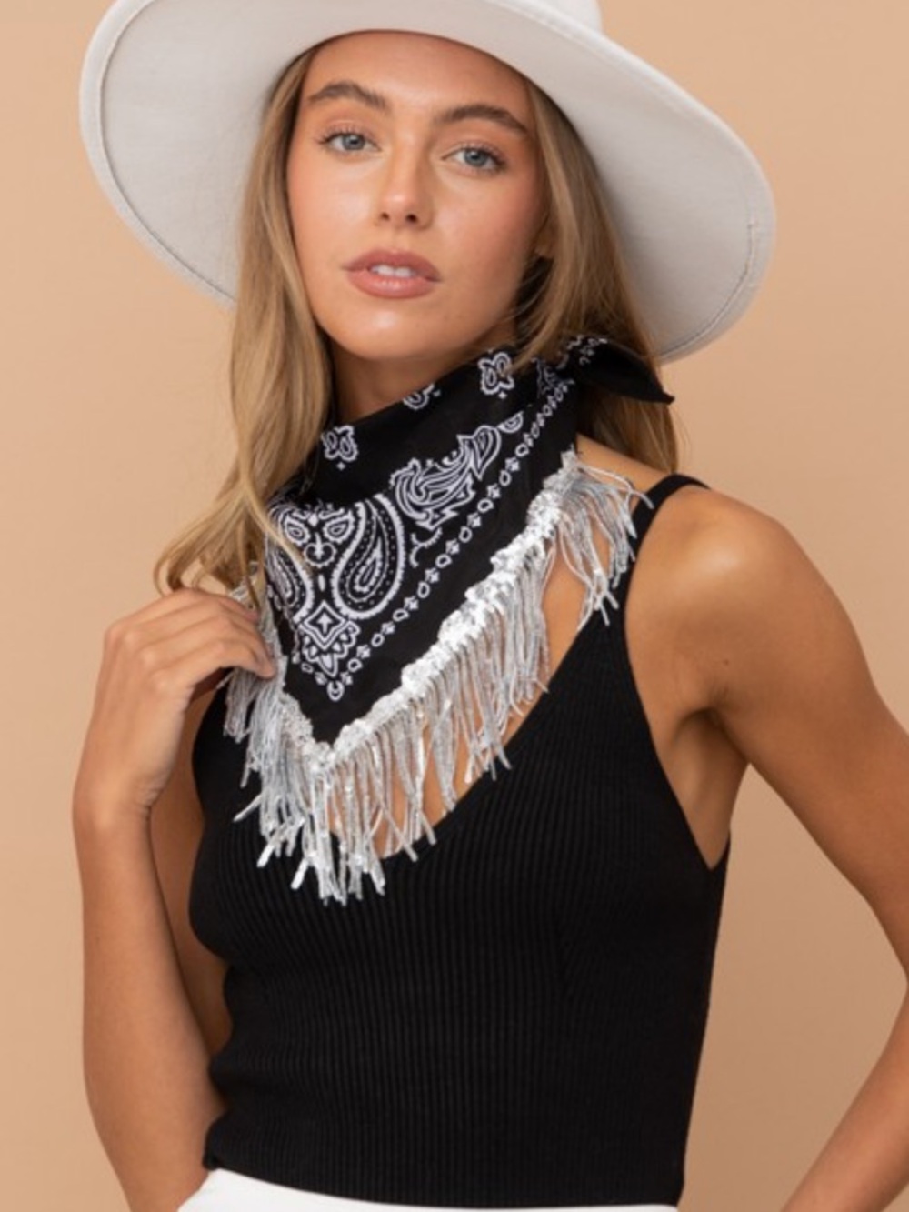 Blue B Black Bandana Scarf with Sequin Fringe Edge SA0003